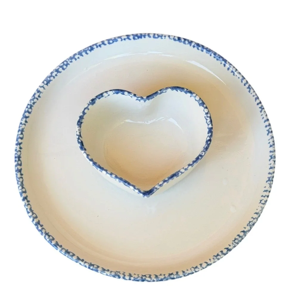 Blue Spongeware Ceramic Chip and Dip Set Heart Bowl Round Platter Farmhouse